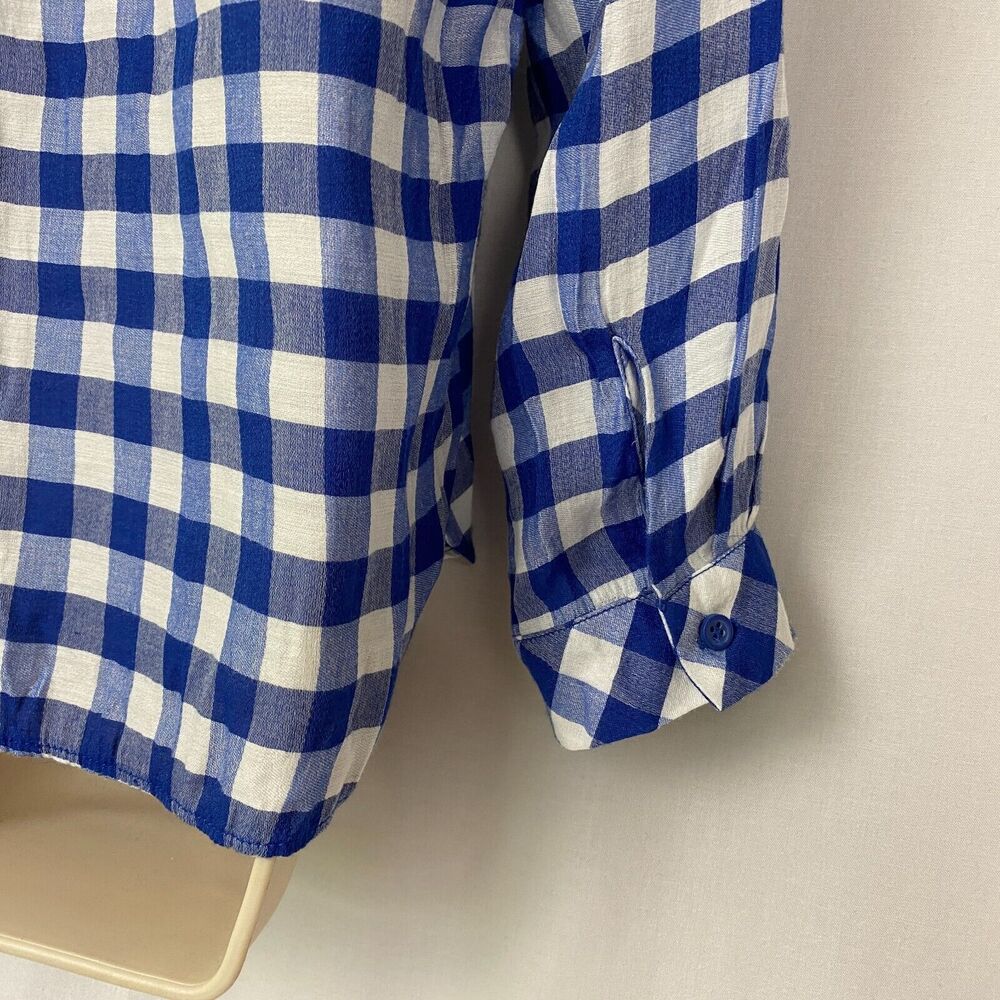 Zara‎ Basic Top Medium Womens Buffalo Plaid Button Up Pocket Silky Blue White - Picture 6 of 13
